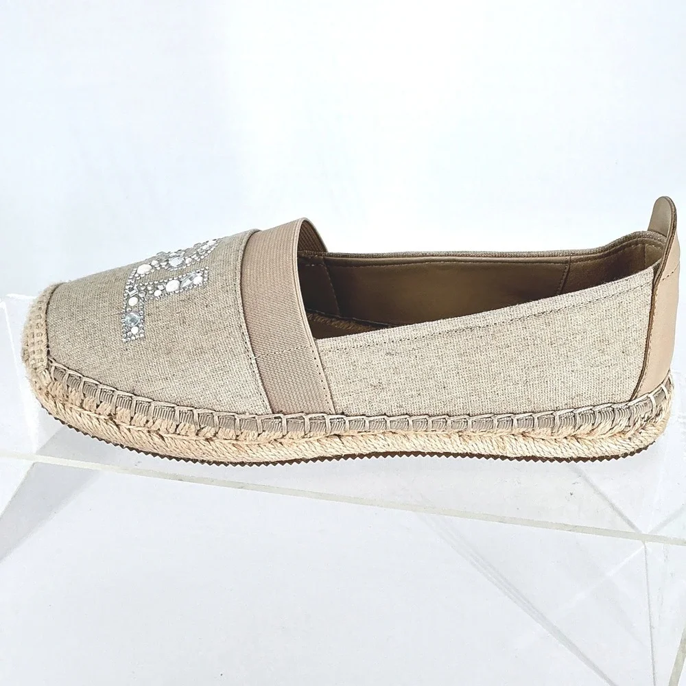 Karl Lagerfeld Paris Size 6 Manika‎ Espadrille Flats Beige Rhinestone Logo